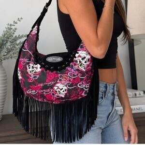 Ed Hardy Skull Rose Fringe Hobo Shoulder Bag Black Pink Y2K Tattoo NWT EH1399